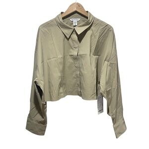 Athleta Midday Ultra Cropped Shirt Womens XL Button Front Tan Beige UPF 40+